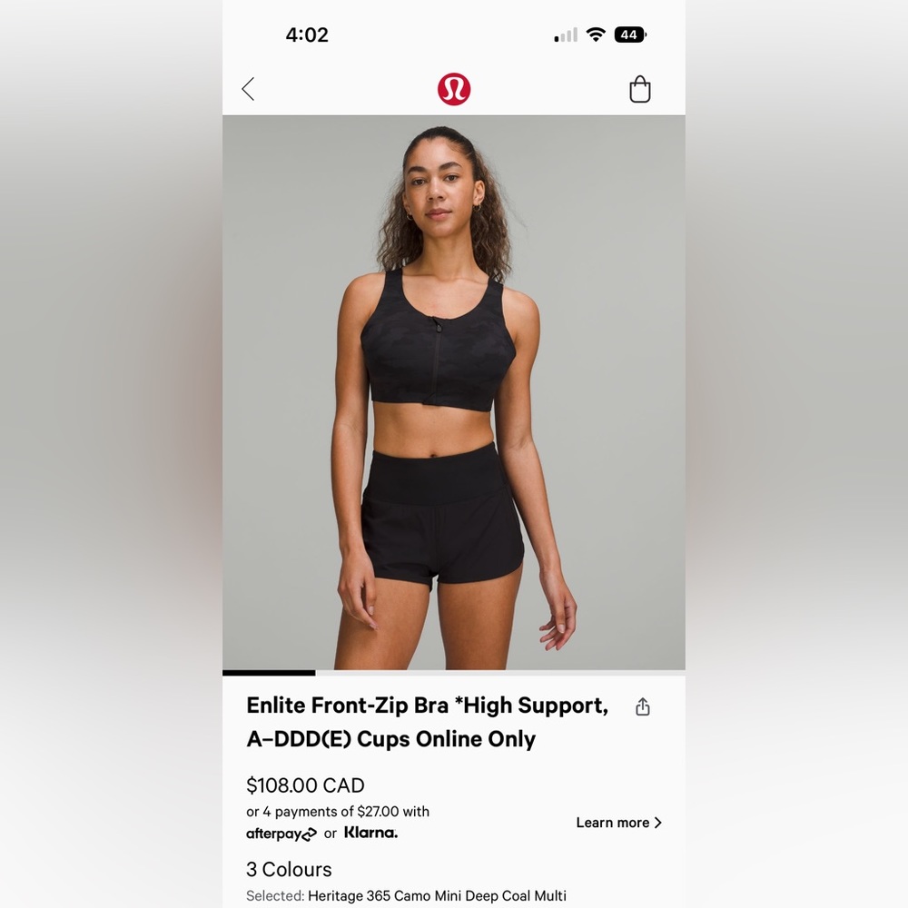 Lululemon Enlite Bra - Coal Camo - Size 38D